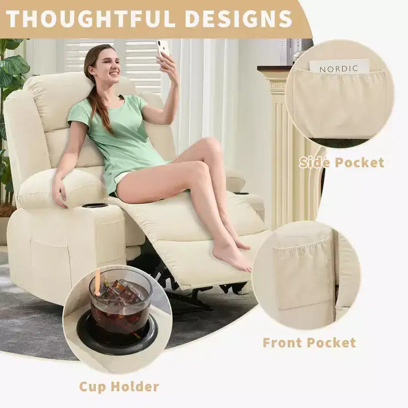 Large Recliner Chair for Adults, Manual Fabric Recliner, Minimalist Single Reclining Sofa with Side Pockets, Cup Holders