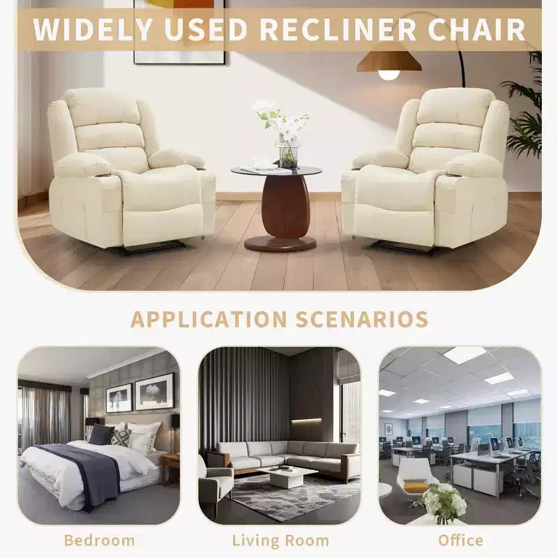 Large Recliner Chair for Adults, Manual Fabric Recliner, Minimalist Single Reclining Sofa with Side Pockets, Cup Holders