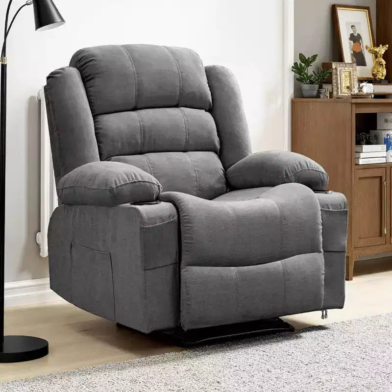 Large Recliner Chair for Adults, Manual Fabric Recliner, Minimalist Single Reclining Sofa with Side Pockets, Cup Holders