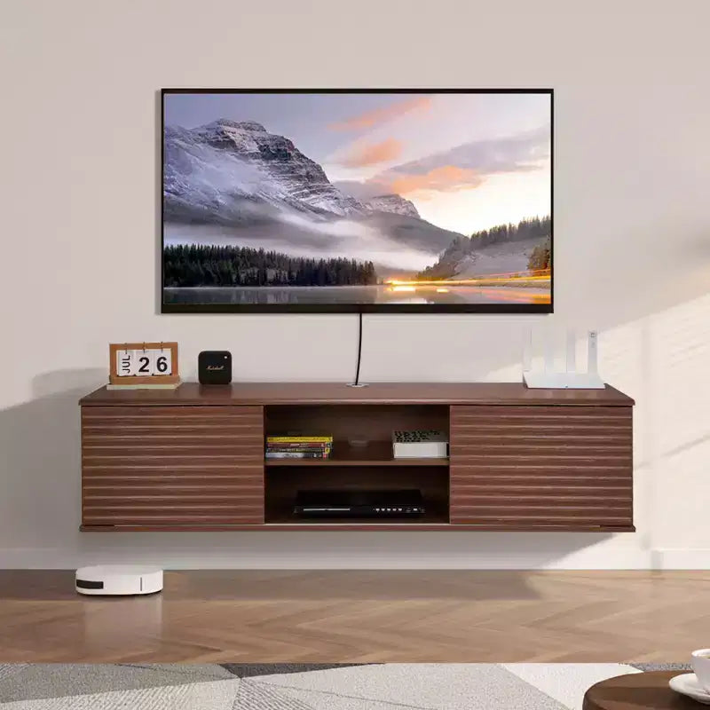 60" Floating TV Stand, Wall Mount Entertainment Center with Adjustable Shelf & Sliding Doors, 2-Tier, Brown