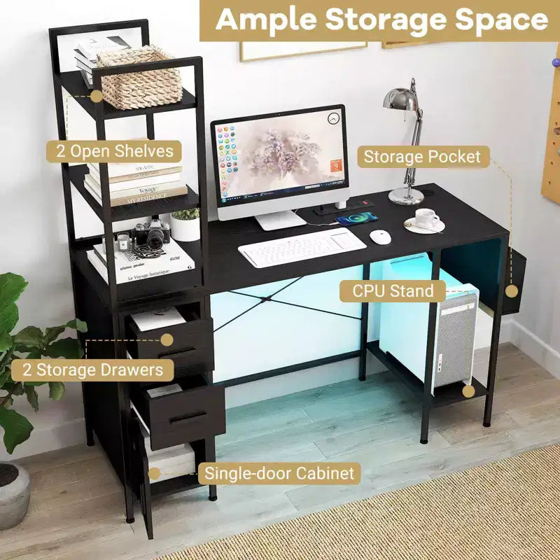 Office Desk with LED Lights & Power Outlets, Open Shelves and 2 Drawers Cabinet