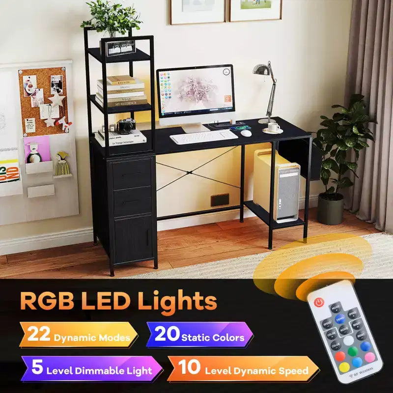 Office Desk with LED Lights & Power Outlets, Open Shelves and 2 Drawers Cabinet