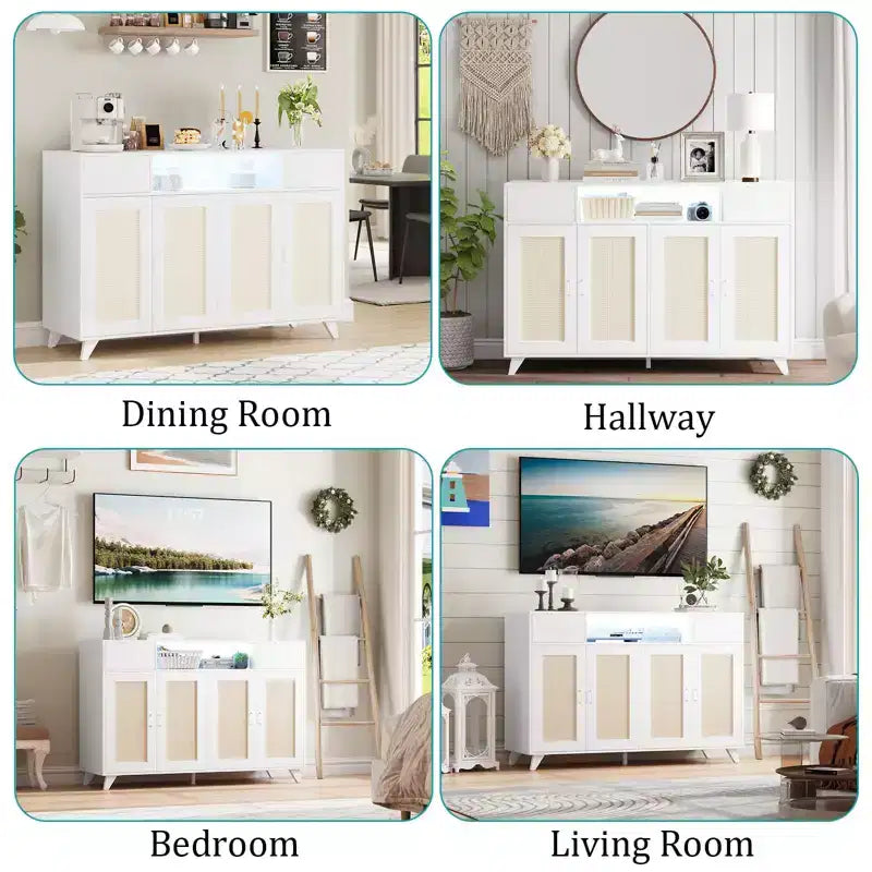 47.2 Rattan Sideboard Buffet Cabinet, 2 Drawers Accent Storage Cabinet, 4 Doors Console Table Coffee Bar With Power Outlet