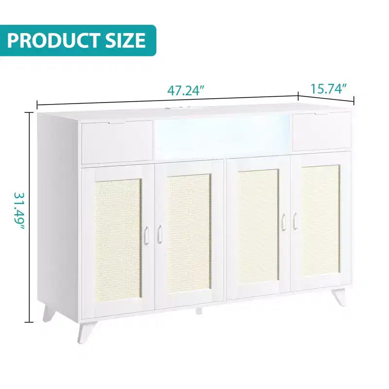 47.2 Rattan Sideboard Buffet Cabinet, 2 Drawers Accent Storage Cabinet, 4 Doors Console Table Coffee Bar With Power Outlet