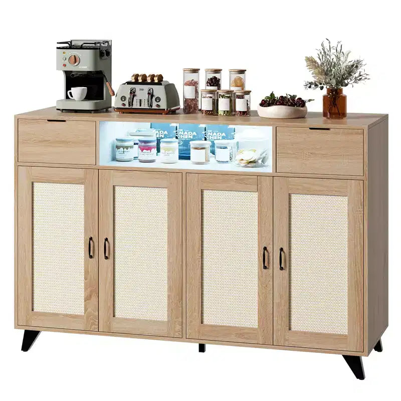47.2 Rattan Sideboard Buffet Cabinet, 2 Drawers Accent Storage Cabinet, 4 Doors Console Table Coffee Bar With Power Outlet
