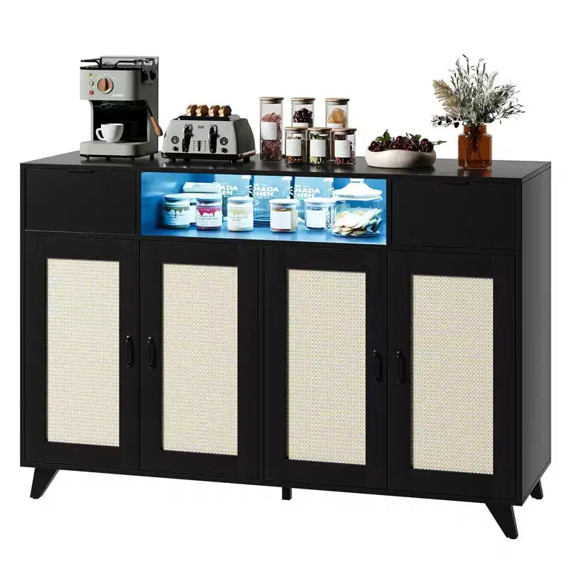 47.2 Rattan Sideboard Buffet Cabinet, 2 Drawers Accent Storage Cabinet, 4 Doors Console Table Coffee Bar With Power Outlet