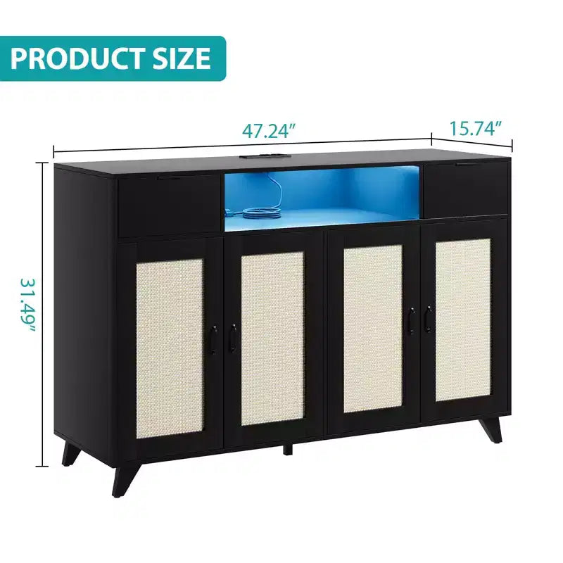 47.2 Rattan Sideboard Buffet Cabinet, 2 Drawers Accent Storage Cabinet, 4 Doors Console Table Coffee Bar With Power Outlet