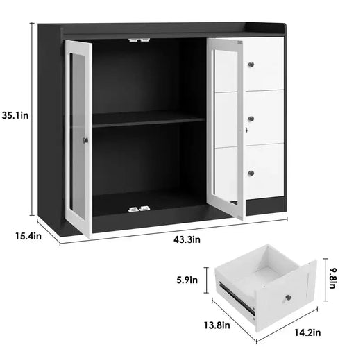 43" Buffet Sideboard Cabinet & Storage Chest with Guardrail Design, Adjustable Shelves & 3 Drawers for Kitchen and Dining Room