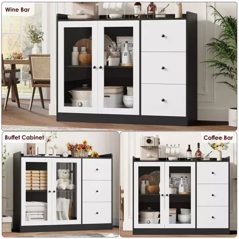 43" Buffet Sideboard Cabinet & Storage Chest with Guardrail Design, Adjustable Shelves & 3 Drawers for Kitchen and Dining Room