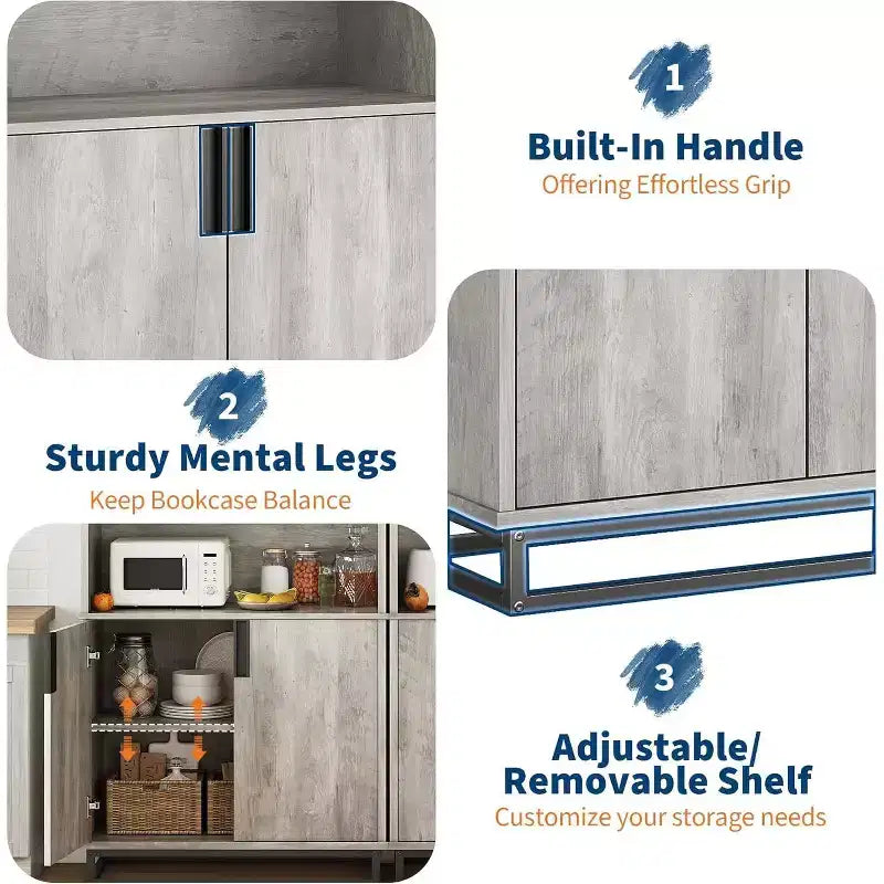 Farmhouse Bookshelf with Doors, Metal Base, 3 Open & 2 Hidden Shelves, Waterproof Scratch-Resistant