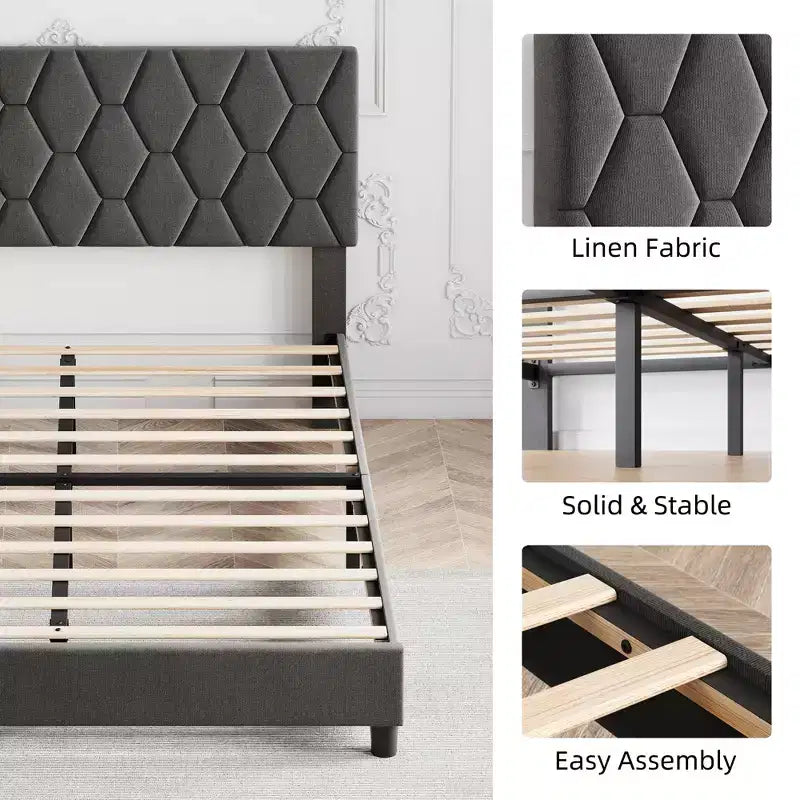 Twin XL Platform Bed Frame with Adjustable Headboard and Upholstered Headboard, Strong Wood Slat Support,Easy installation,Grey