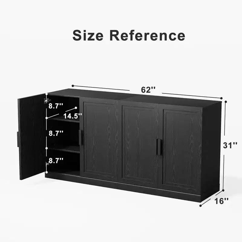 62"W x 31"H Farmhouse Sideboard Buffet Cabinet with Adjustable Shelves for Kitchen, Dining Room, Living Room, Black