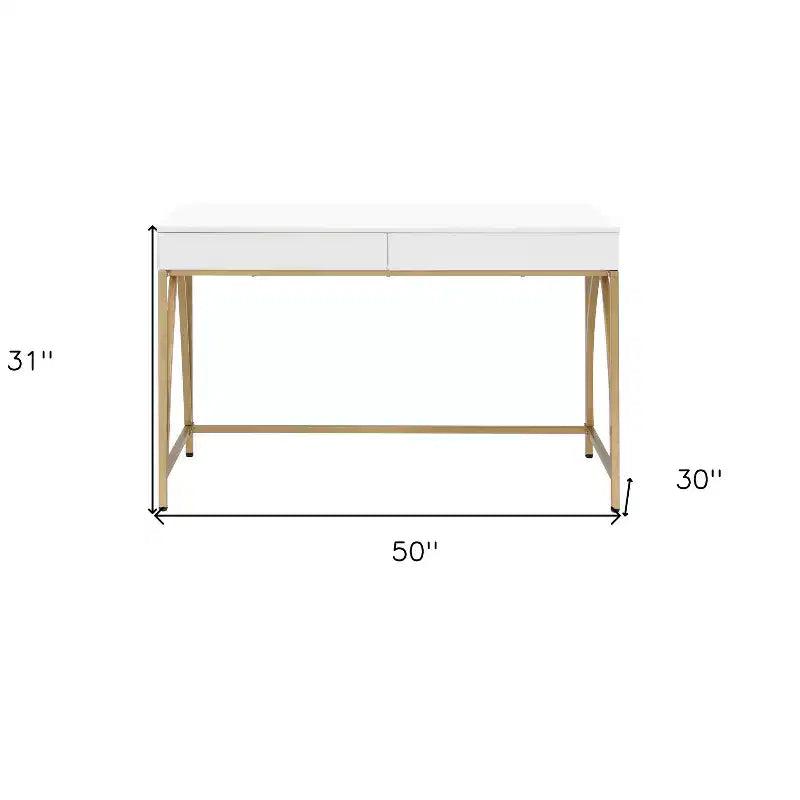 50" White and Gold Vanity Table with Two Drawers, Wood and Steel, High Gloss Finish