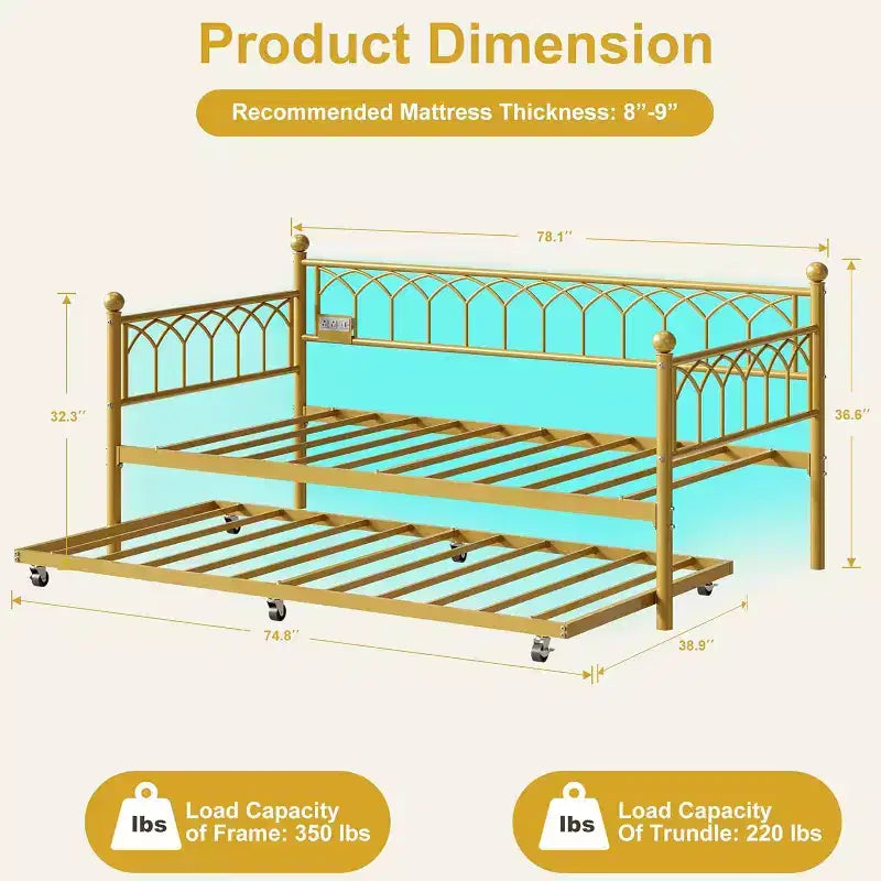Twin Day Bed, Metal Sofa Bed Frame with Pull Out Trundle for Living Room, Bedroom, Apartment and Small Spaces