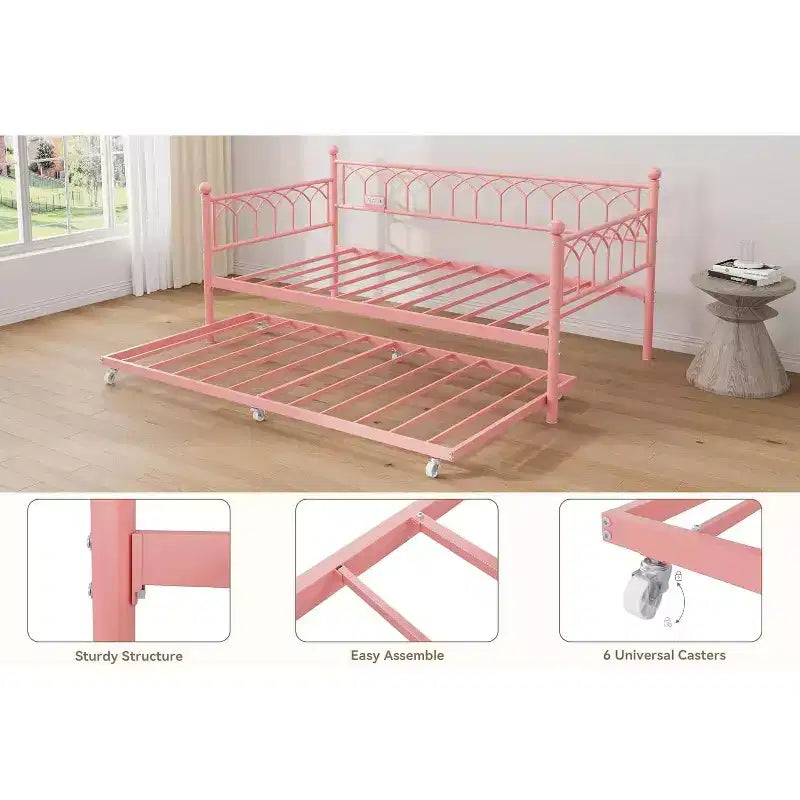 Twin Day Bed, Metal Sofa Bed Frame with Pull Out Trundle for Living Room, Bedroom, Apartment and Small Spaces