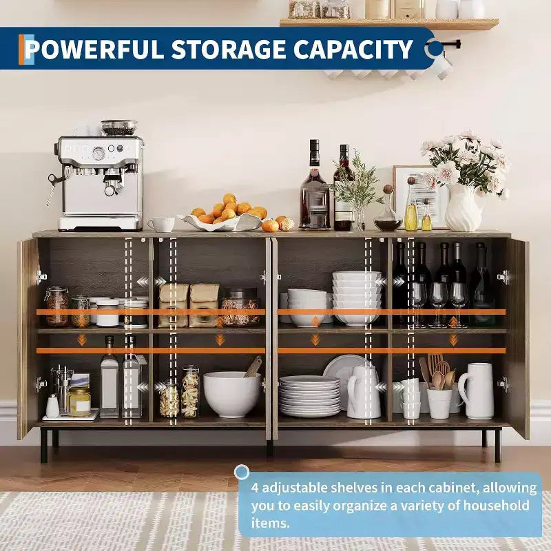 63" Fluted Sideboard Cabinet, 4-Door Buffet with Adjustable Shelves & Metal Legs, Modern Credenza for Living Room, Entryway