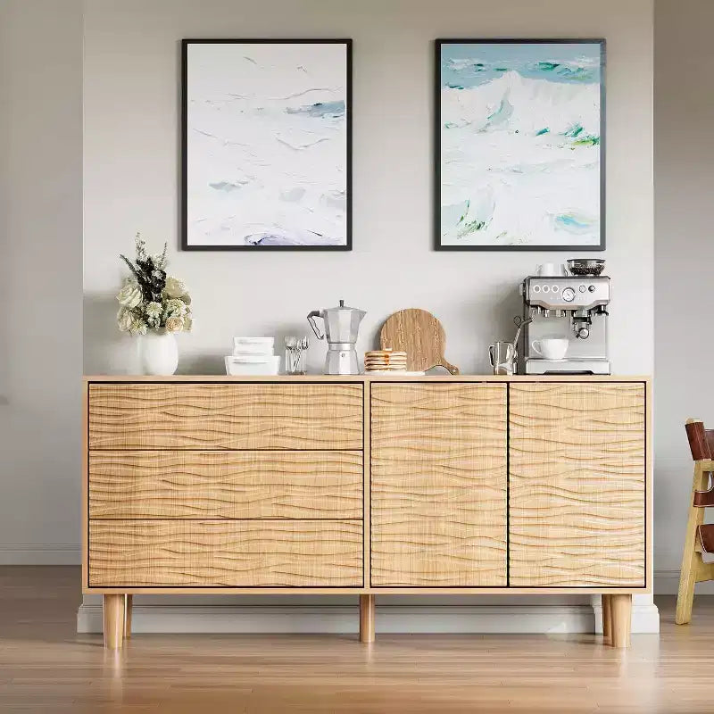 61" Mid-Century Sideboard, Natural Wood Buffet Cabinet with 3 Drawers, 2 Doors & Wave Design for Dining Room, Kitchen