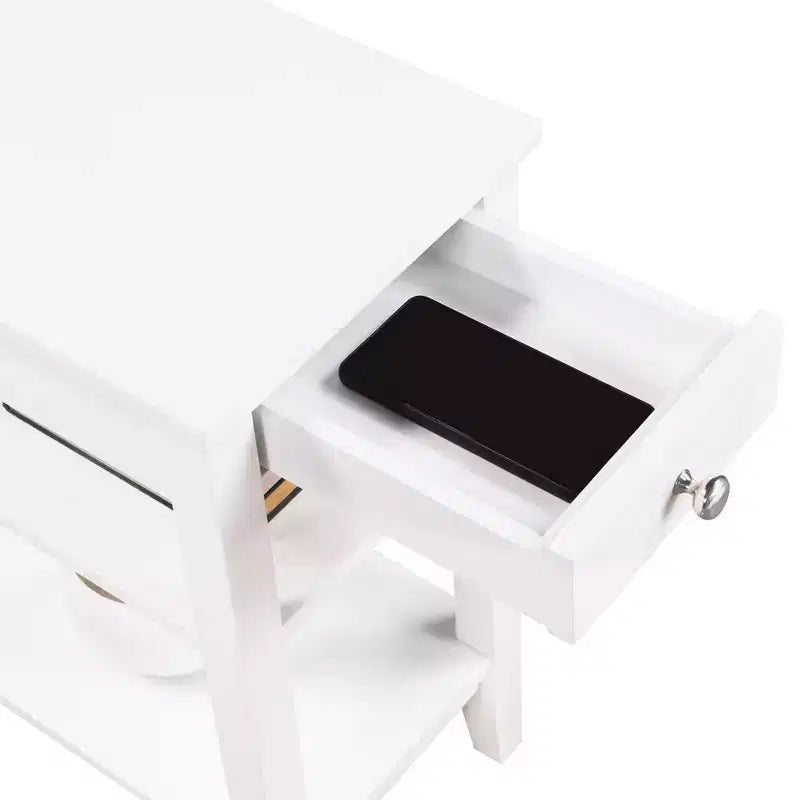 Chairside End Table with Smooth Drawer, USB Ports, Plug Outlet and Shelving, Contemporary Side Table with Storage, White