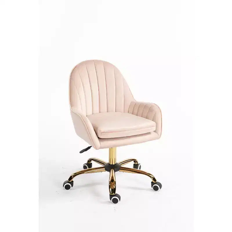 Velvet Desk Chair with Golden Metal Base, Adjustable Height Vanity Chair for Living Room, Study, Pink