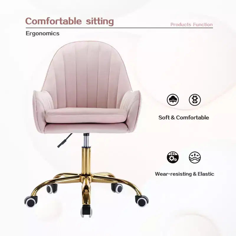 Velvet Desk Chair with Golden Metal Base, Adjustable Height Vanity Chair for Living Room, Study, Pink