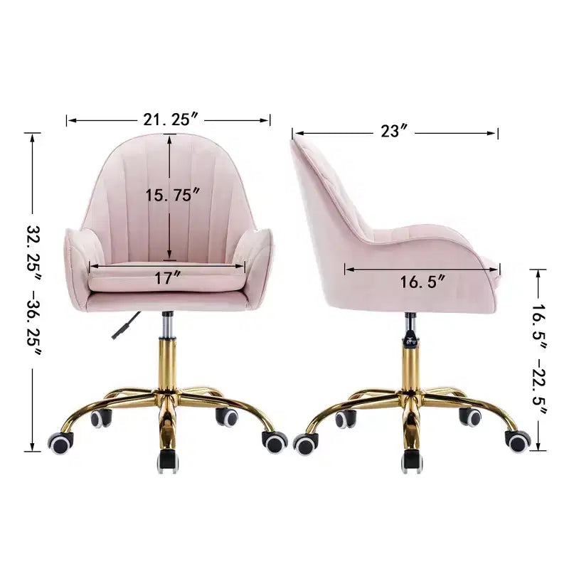 Velvet Desk Chair with Golden Metal Base, Adjustable Height Vanity Chair for Living Room, Study, Pink