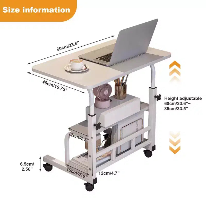 Portable Rolling Desk with Adjustable Height, Mobile Standing Computer Desk with Storage Shelves for Home Office, Study & Small Spaces