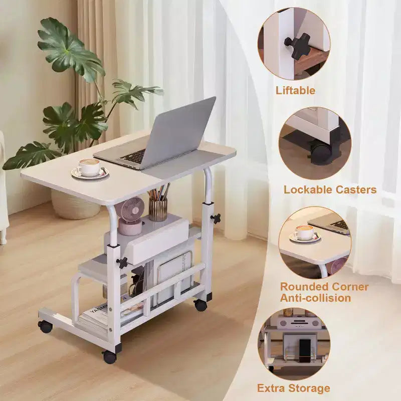 Portable Rolling Desk with Adjustable Height, Mobile Standing Computer Desk with Storage Shelves for Home Office, Study & Small Spaces