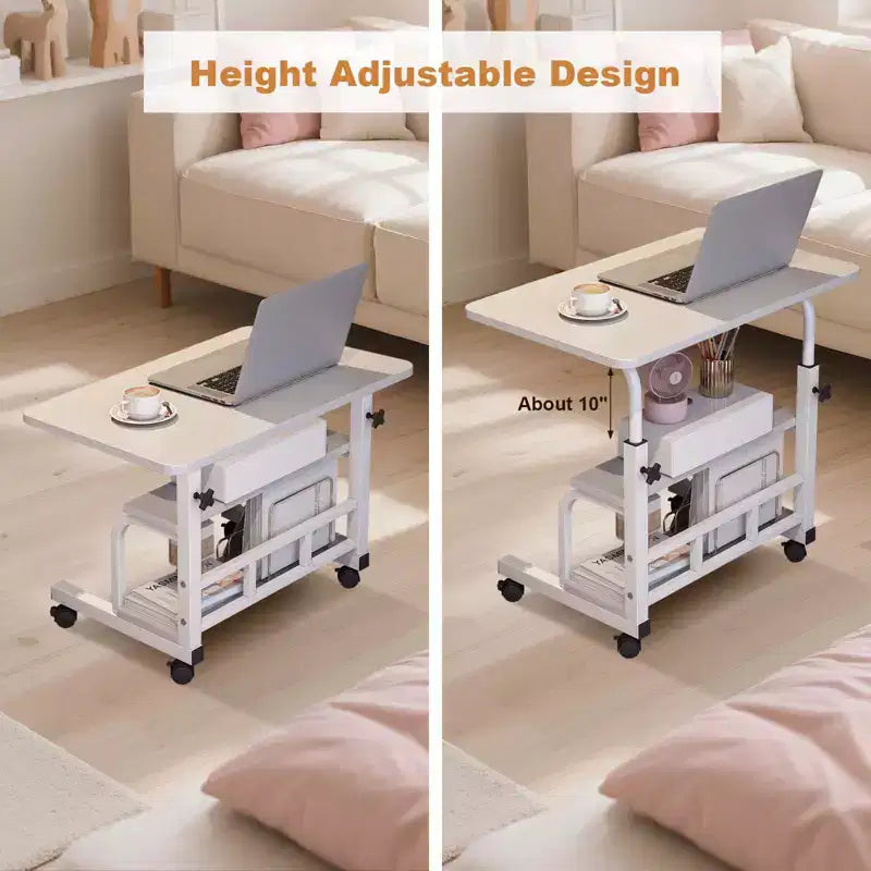 Portable Rolling Desk with Adjustable Height, Mobile Standing Computer Desk with Storage Shelves for Home Office, Study & Small Spaces