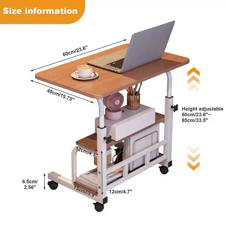 Portable Rolling Desk with Adjustable Height, Mobile Standing Computer Desk with Storage Shelves for Home Office, Study & Small Spaces