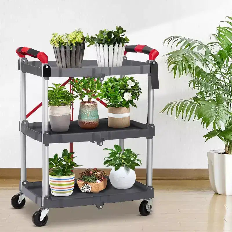 3-Tier Folding Utility Cart, Portable Collapsible Service Trolley with Wheels, 156 lb Capacity, Heavy Duty for Garage & Workshop, Grey