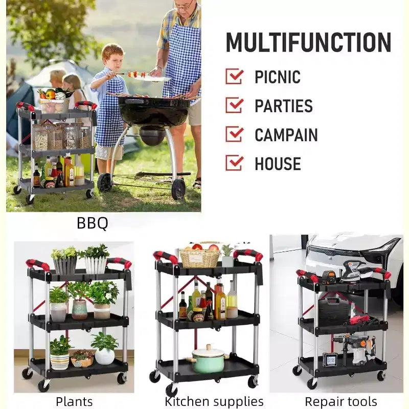 3-Tier Folding Utility Cart, Portable Collapsible Service Trolley with Wheels, 156 lb Capacity, Heavy Duty for Garage & Workshop, Grey