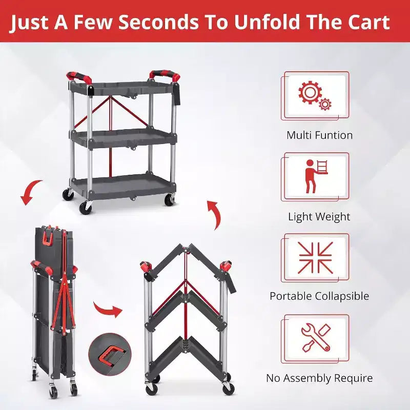 3-Tier Folding Utility Cart, Portable Collapsible Service Trolley with Wheels, 156 lb Capacity, Heavy Duty for Garage & Workshop, Grey