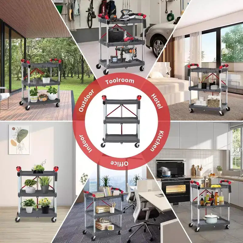 3-Tier Folding Utility Cart, Portable Collapsible Service Trolley with Wheels, 156 lb Capacity, Heavy Duty for Garage & Workshop, Grey