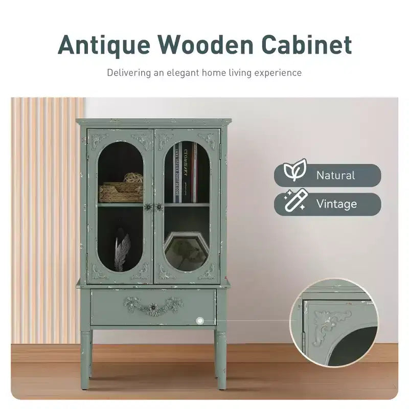 Antique Mint Green Accent Sideboard Cabinet with 2 Glass Doors and 1 Drawer for Kitchen and Dining Room