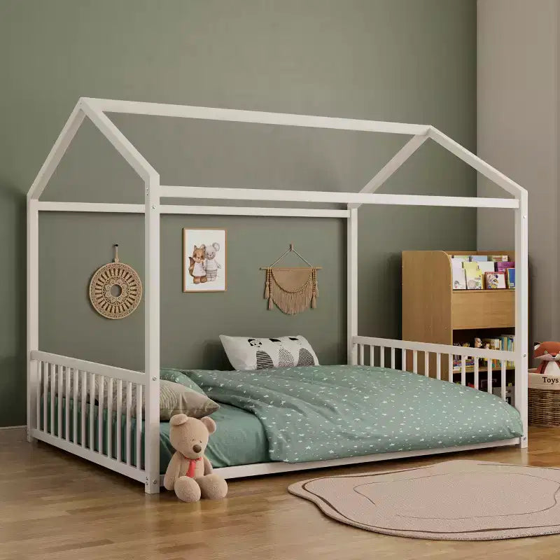 Full Size Metal Floor Bed Frame with House Shape and Guardrails, Montessori Style for Kids
