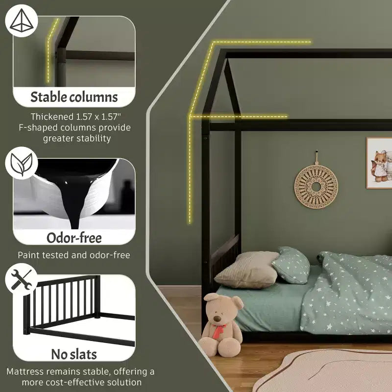 Full Size Metal Floor Bed Frame with House Shape and Guardrails, Montessori Style for Kids