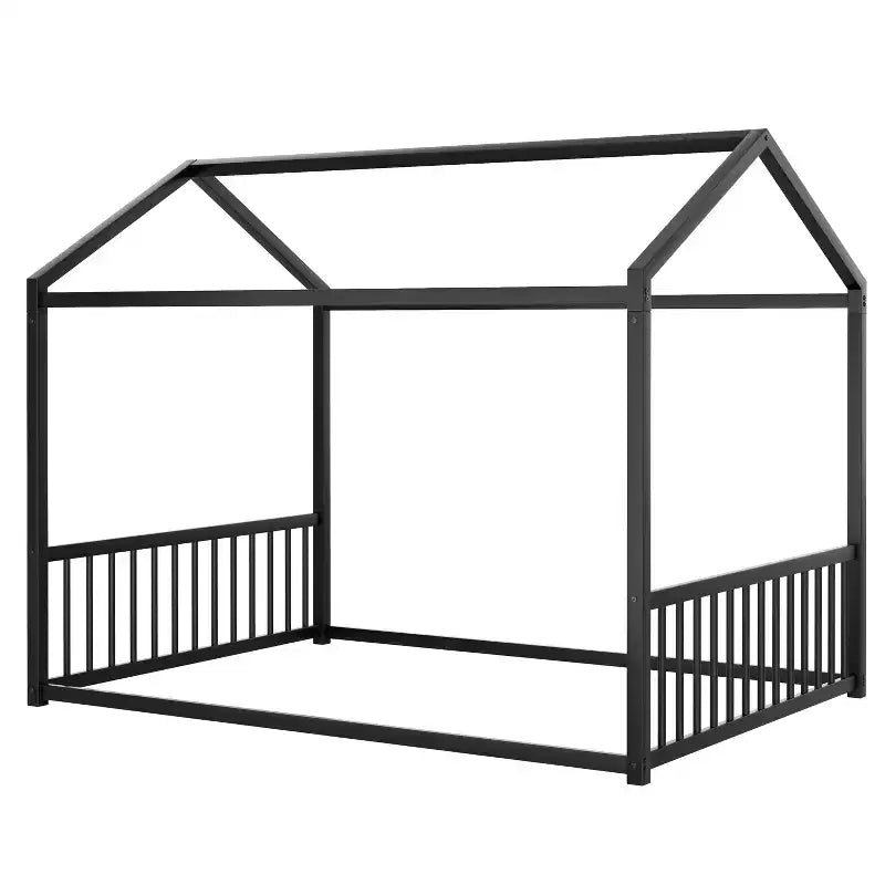 Full Size Metal Floor Bed Frame with House Shape and Guardrails, Montessori Style for Kids