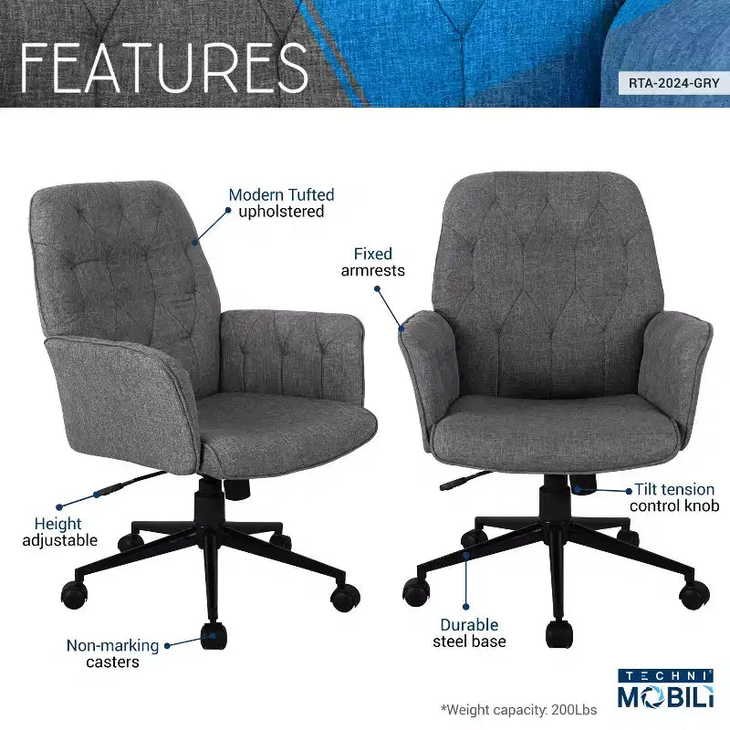 Modern Home Office Desk Chair, Upholstered Tufted Vanity Chair with Arms and Wheels, 360 Swivel Chair for Reading Room, Study, Gray