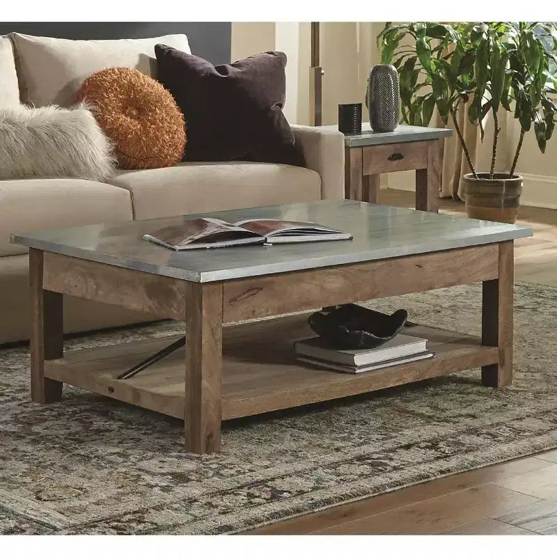 Millwork 48 in. Coffee Table with Lower Shelf, Modern Industrial Style with Silver Zinc Metal Tabletop and Wood Accents