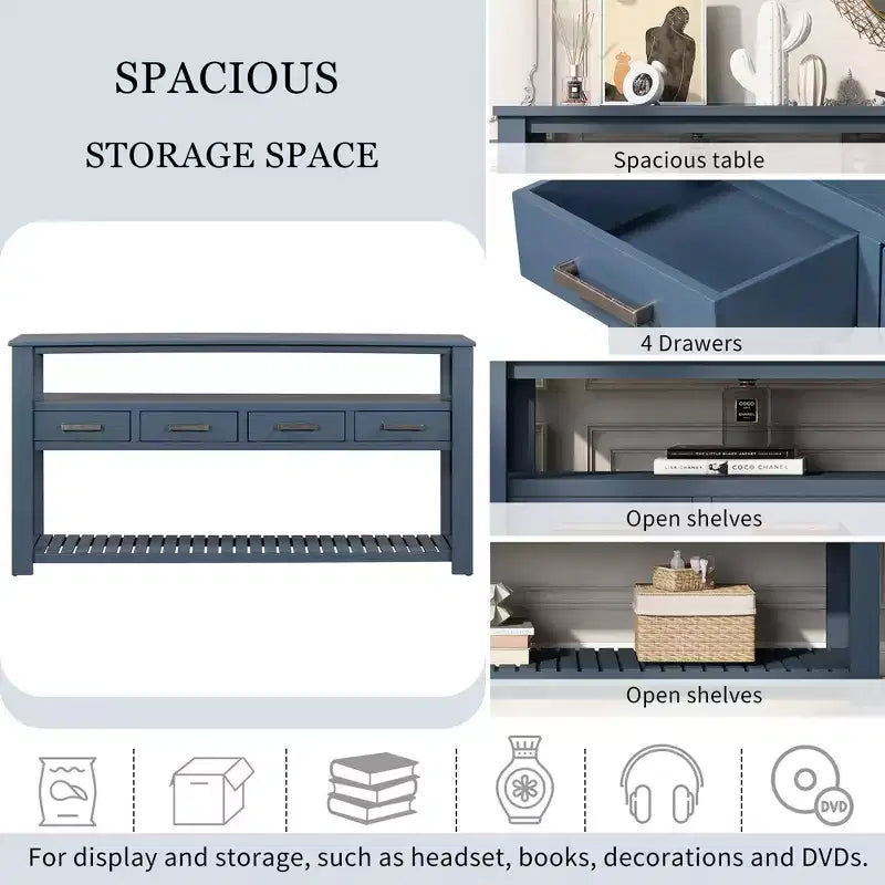 62.2" Narrow Console Table with 2 Shelves and 4 Drawers, Metal Handles, Accent Table for Entryway, Living Room, Black