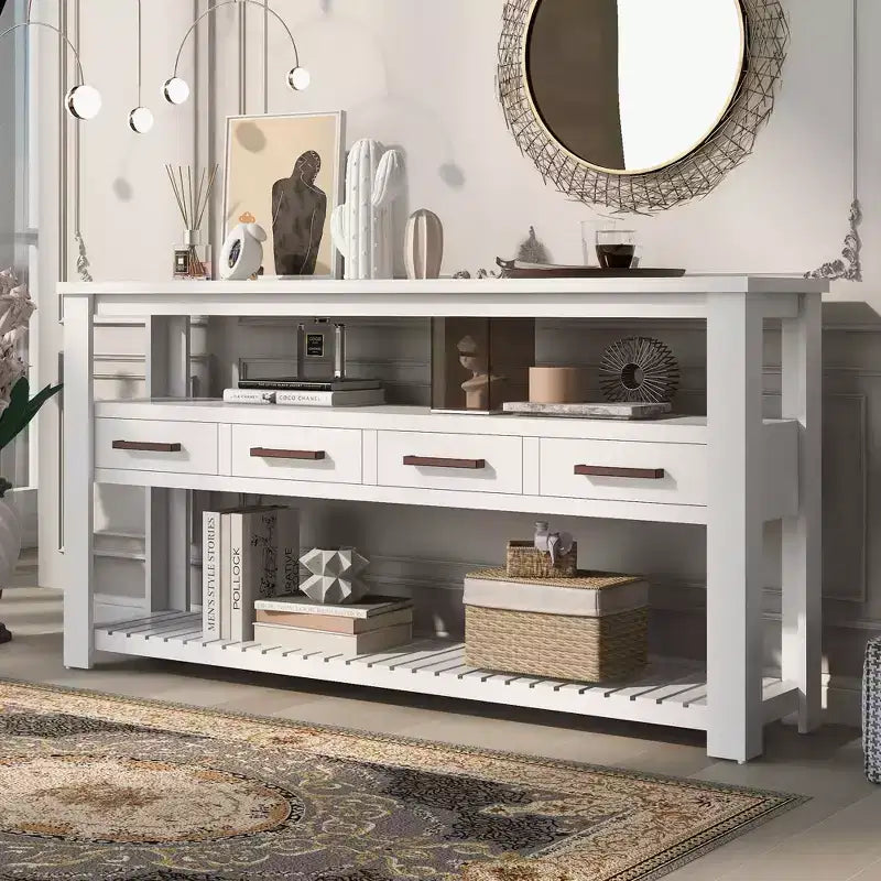 62.2" Narrow Console Table with 2 Shelves and 4 Drawers, Metal Handles, Accent Table for Entryway, Living Room, Black