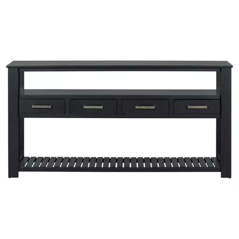 62.2" Narrow Console Table with 2 Shelves and 4 Drawers, Metal Handles, Accent Table for Entryway, Living Room, Black
