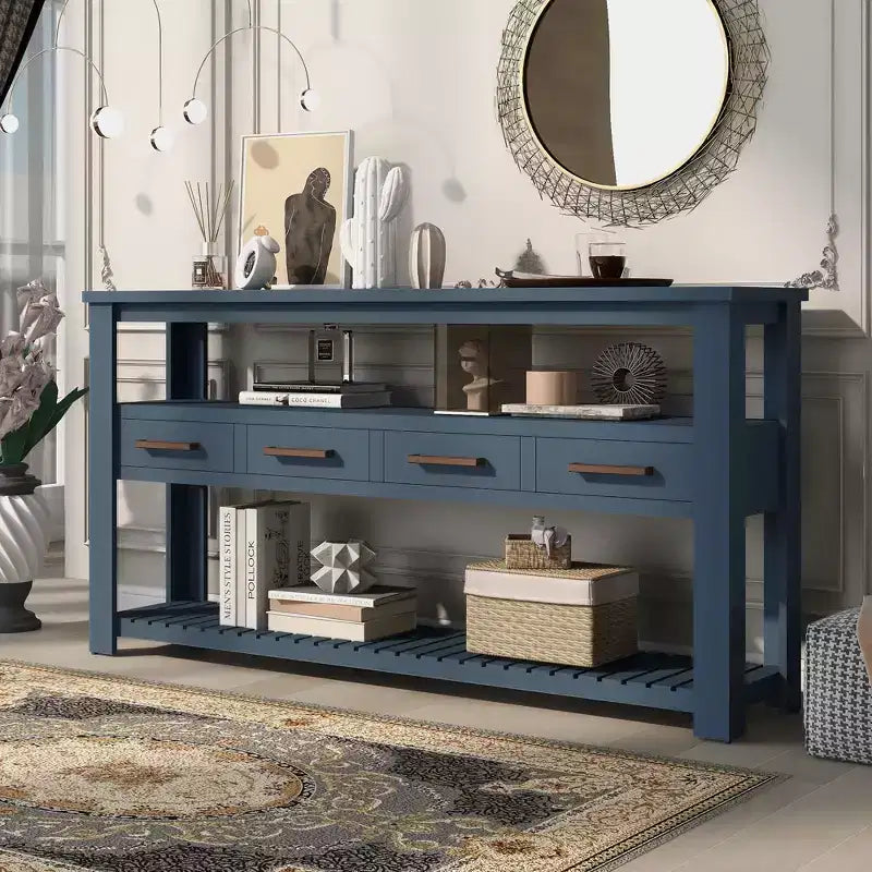 62.2" Narrow Console Table with 2 Shelves and 4 Drawers, Metal Handles, Accent Table for Entryway, Living Room, Black