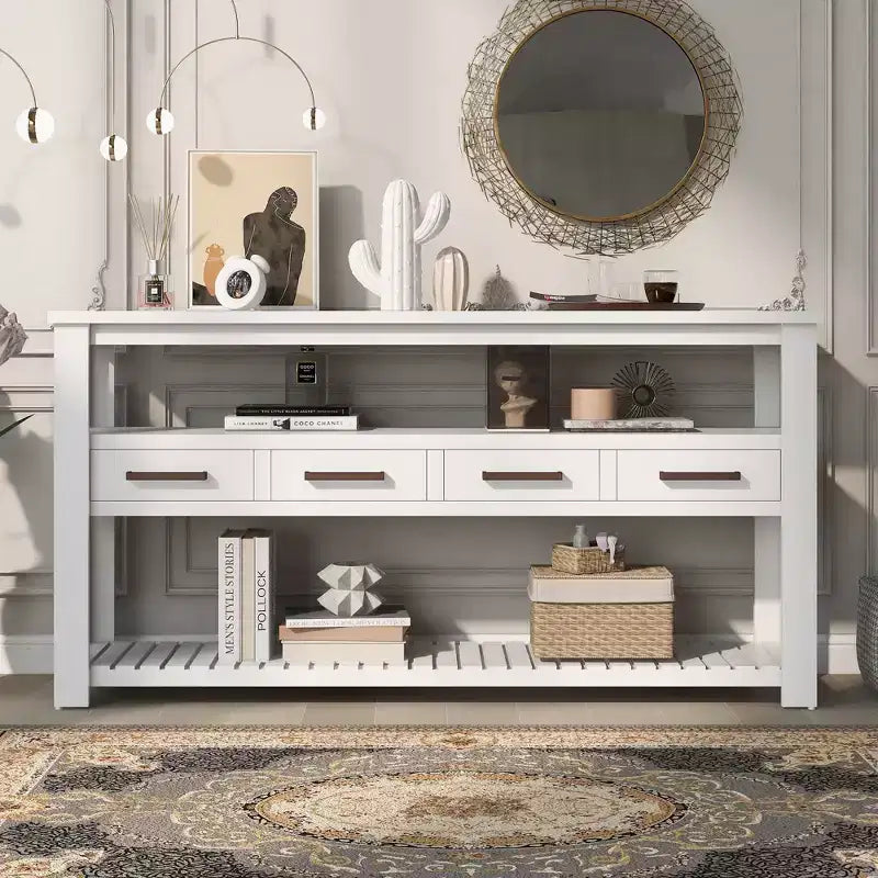 62.2" Narrow Console Table with 2 Shelves and 4 Drawers, Metal Handles, Accent Table for Entryway, Living Room, Black