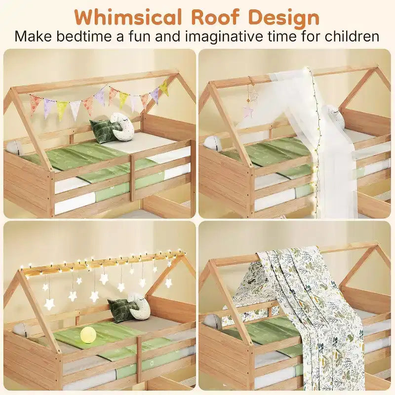 Twin over Twin House Floor Bunk Bed for Kids with Ladder, Full-Length Bed Rail and Slats, White Oak