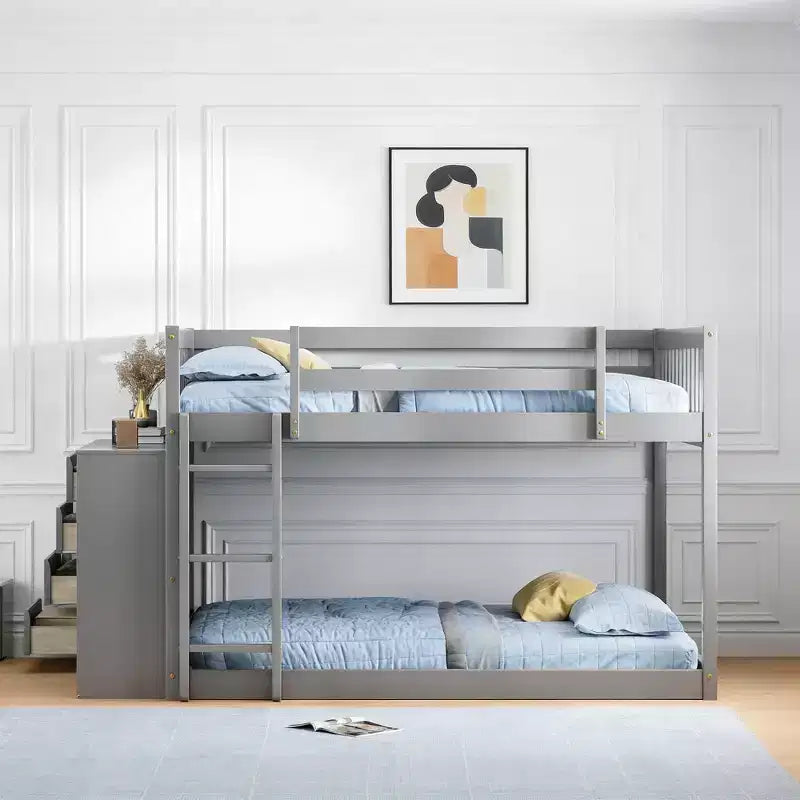 Modern Full over Full Bunk Bed with 4 Drawers and 3 Shelves, Solid Pine Wood