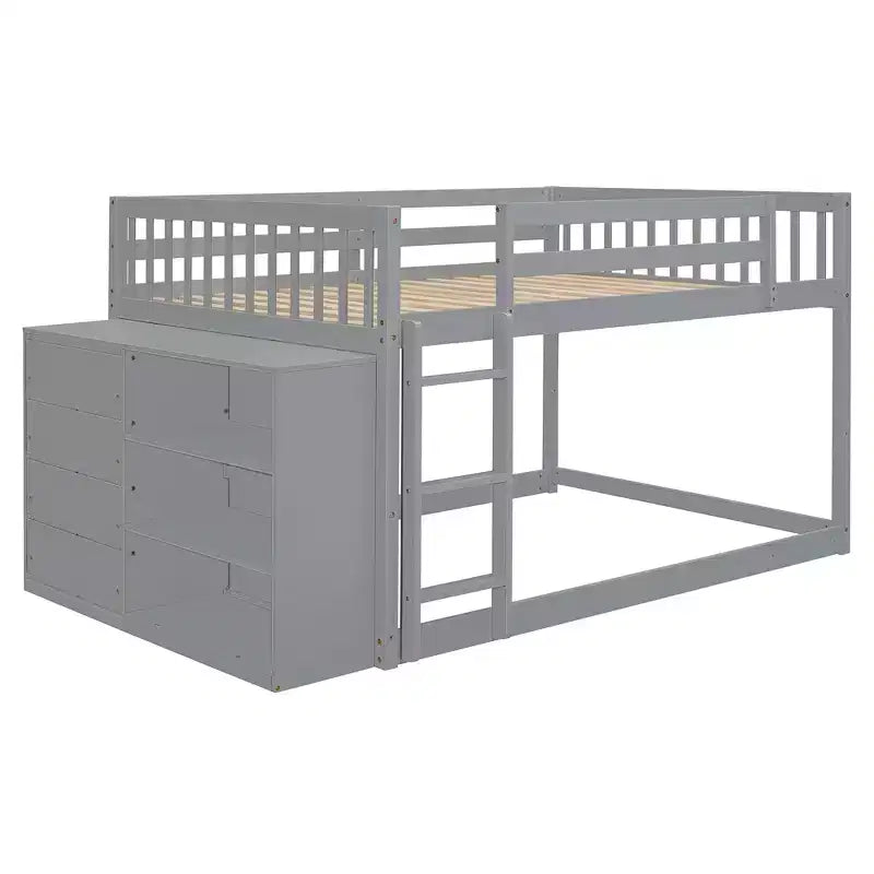Modern Full over Full Bunk Bed with 4 Drawers and 3 Shelves, Solid Pine Wood