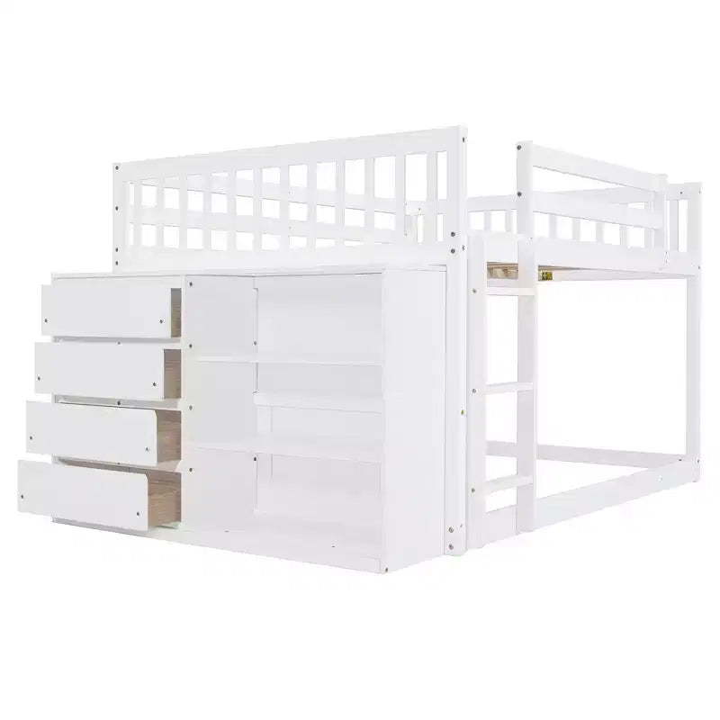 Modern Full over Full Bunk Bed with 4 Drawers and 3 Shelves, Solid Pine Wood