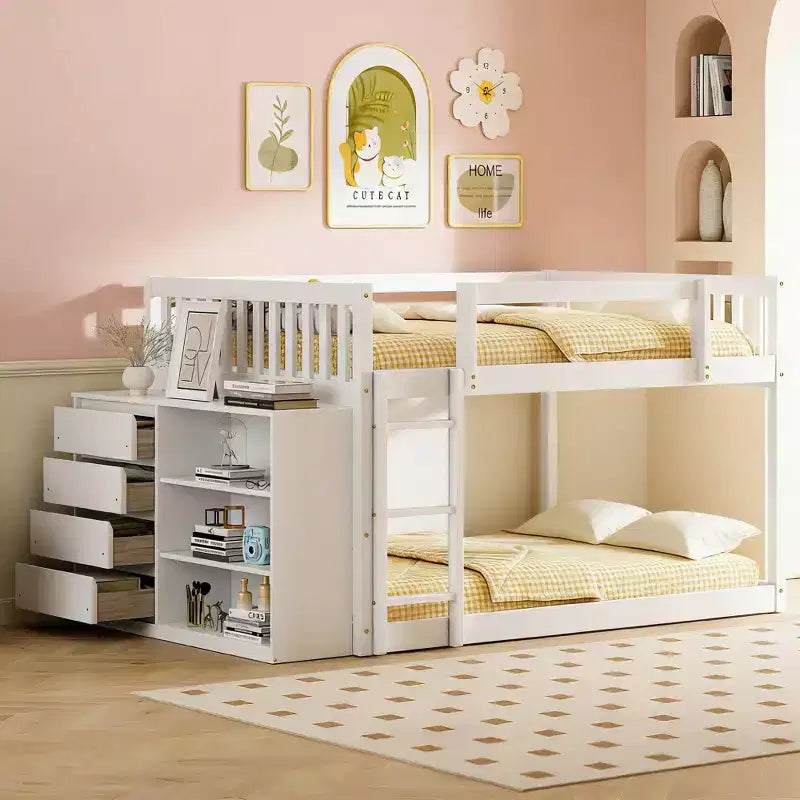 Modern Full over Full Bunk Bed with 4 Drawers and 3 Shelves, Solid Pine Wood