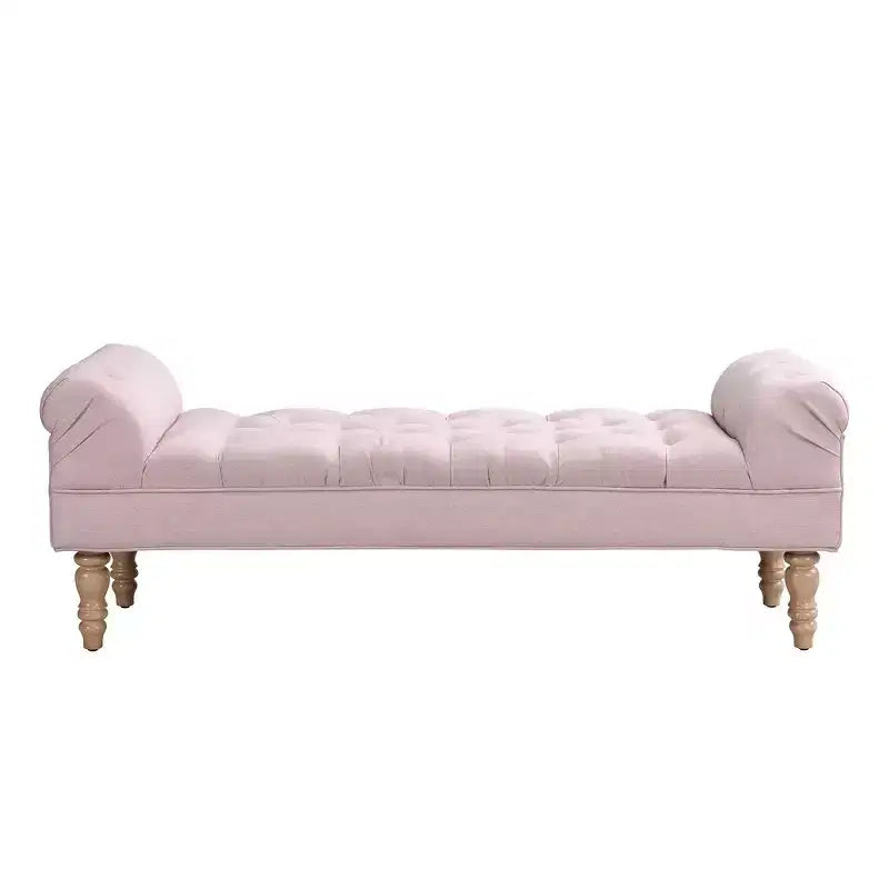 Upholstered Ottoman Bench with Tufted Fabric, Rolled Arms, Gourd Legs and Premium Foam, Easy Assembly